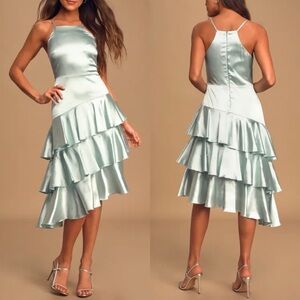 Lulu’s Call You Up Mint Blue Satin Tiered Asymmetrical Midi Dress